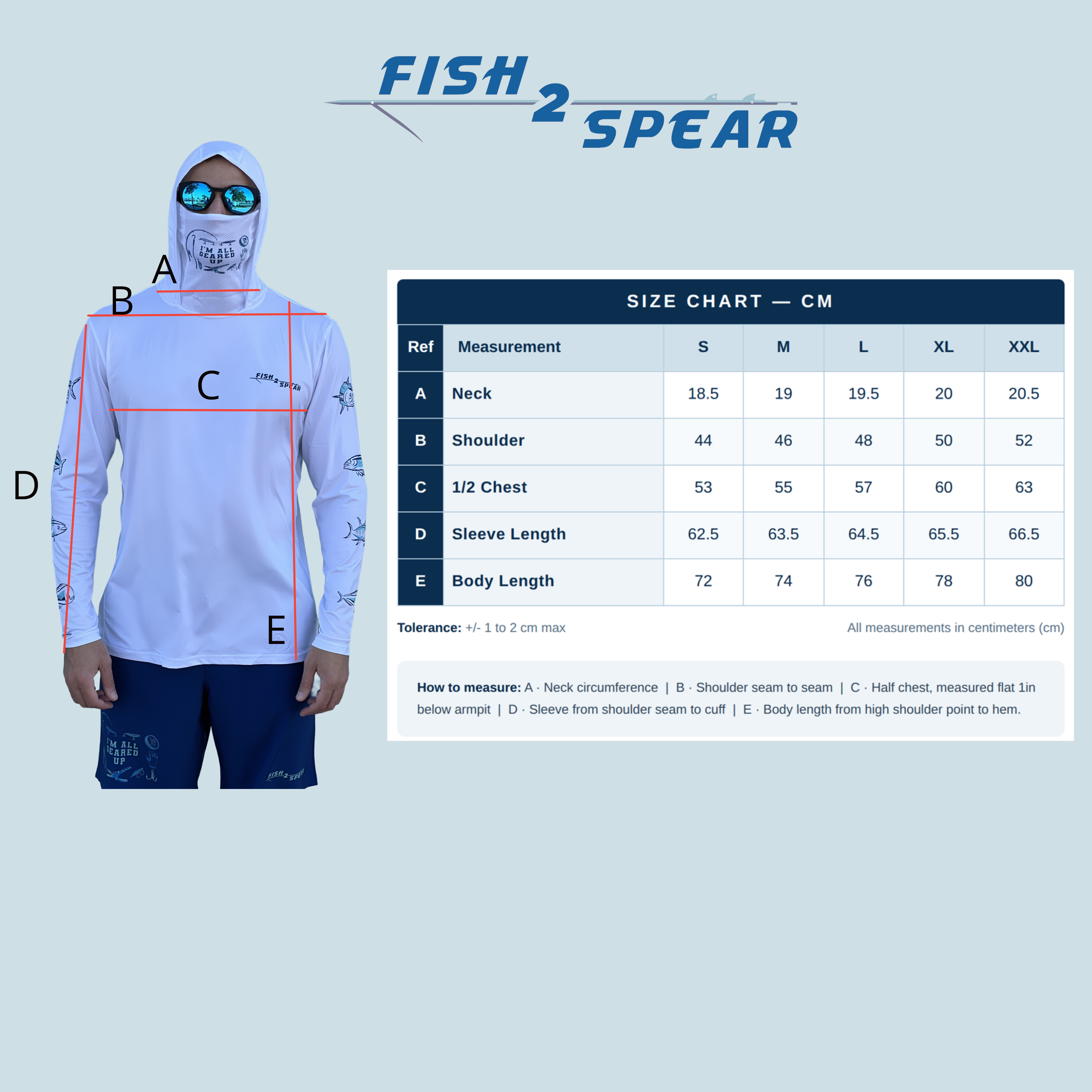 Fish2Spear hoodie size chart in centimeters, sizes S to XXL