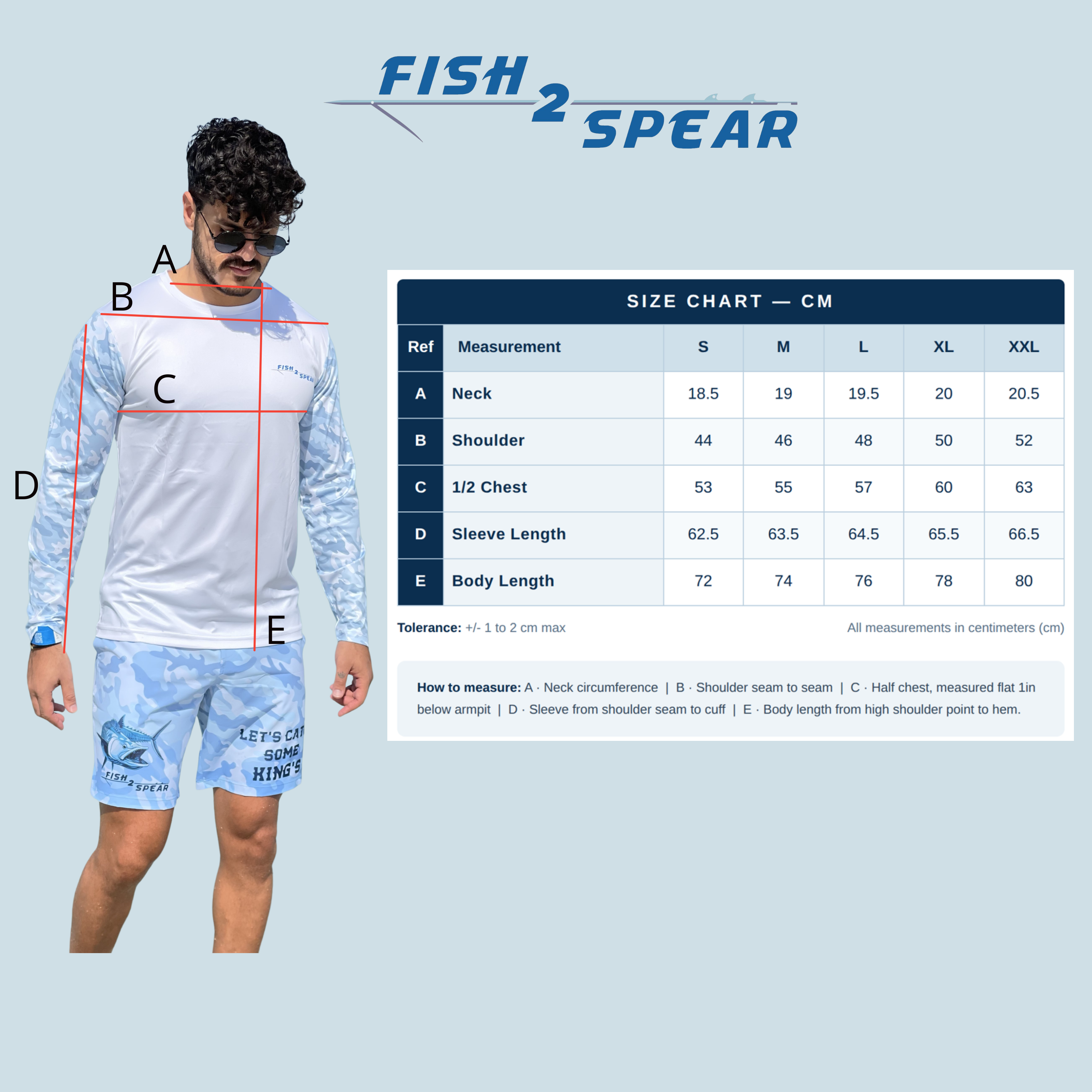 Fish2Spear long sleeve shirt size chart in centimeters, sizes S to XXL