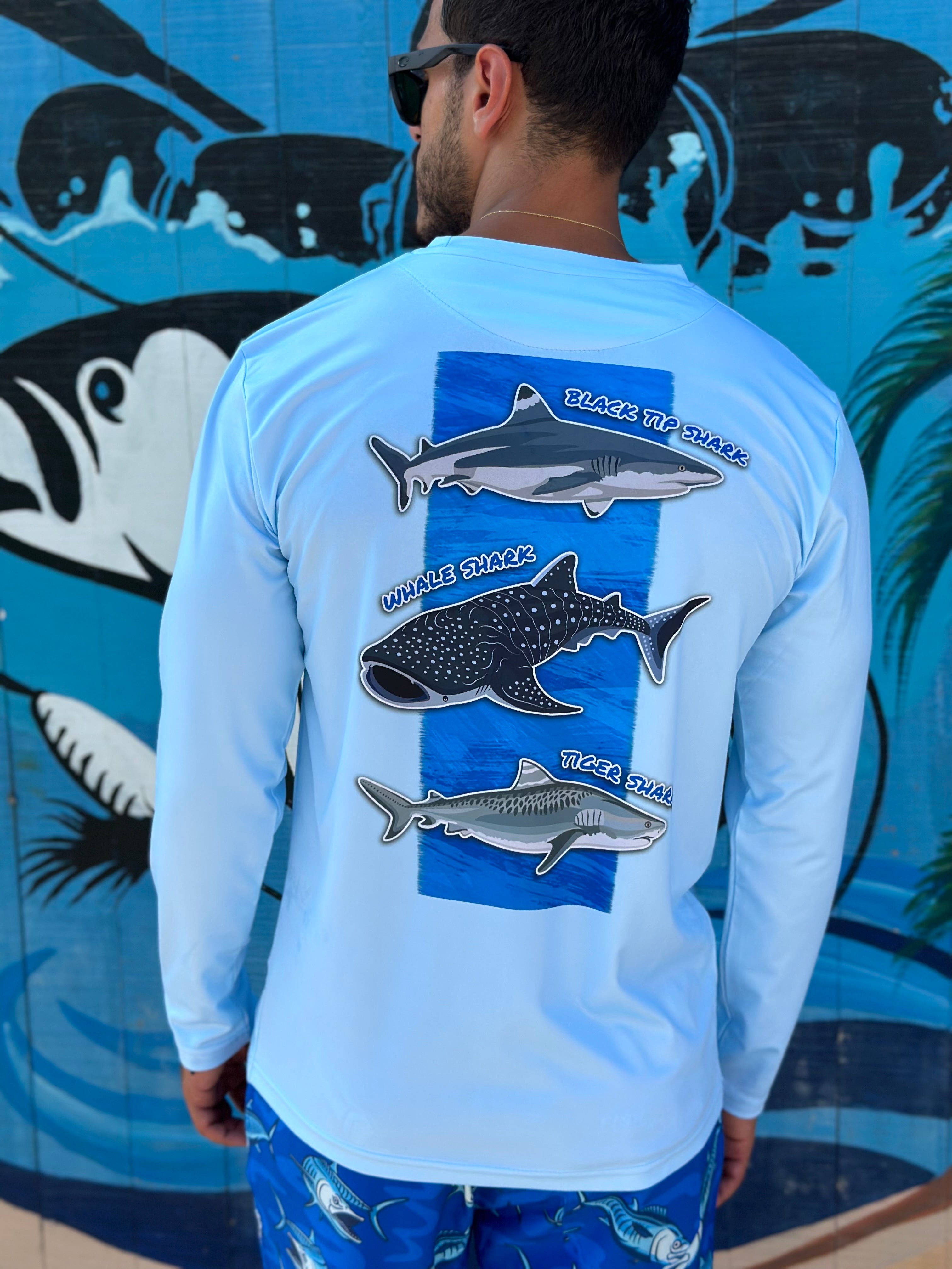 50+UPF Long Sleeve T-shirt, Fishing Apparel, Fishing Shirt, UV T-Shirt, Sharks Design